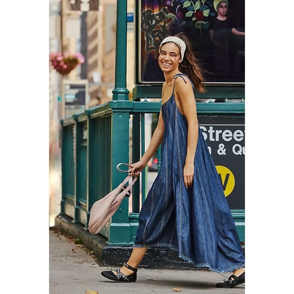 Free People Denim Dreams Midi Dress in 70s Blue Size XS Jean Jumper Retro NWT